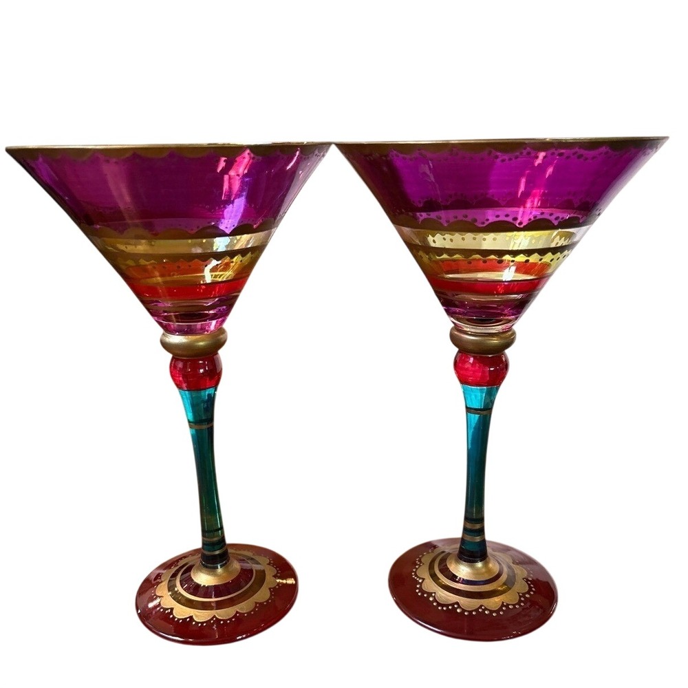 Vintage Pier 1 Festive Hand-Painted Moroccan Style Martini Glasses Bohemian Two